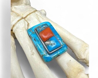 Vintage Signed Larry Castillo Style Navajo Turquoise Coral Ring size 7 3/4