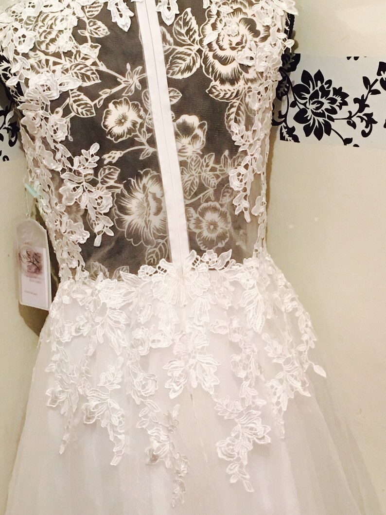short knee length lace chiffon see through Renz bridal wedding dress with illusion neckline vintage