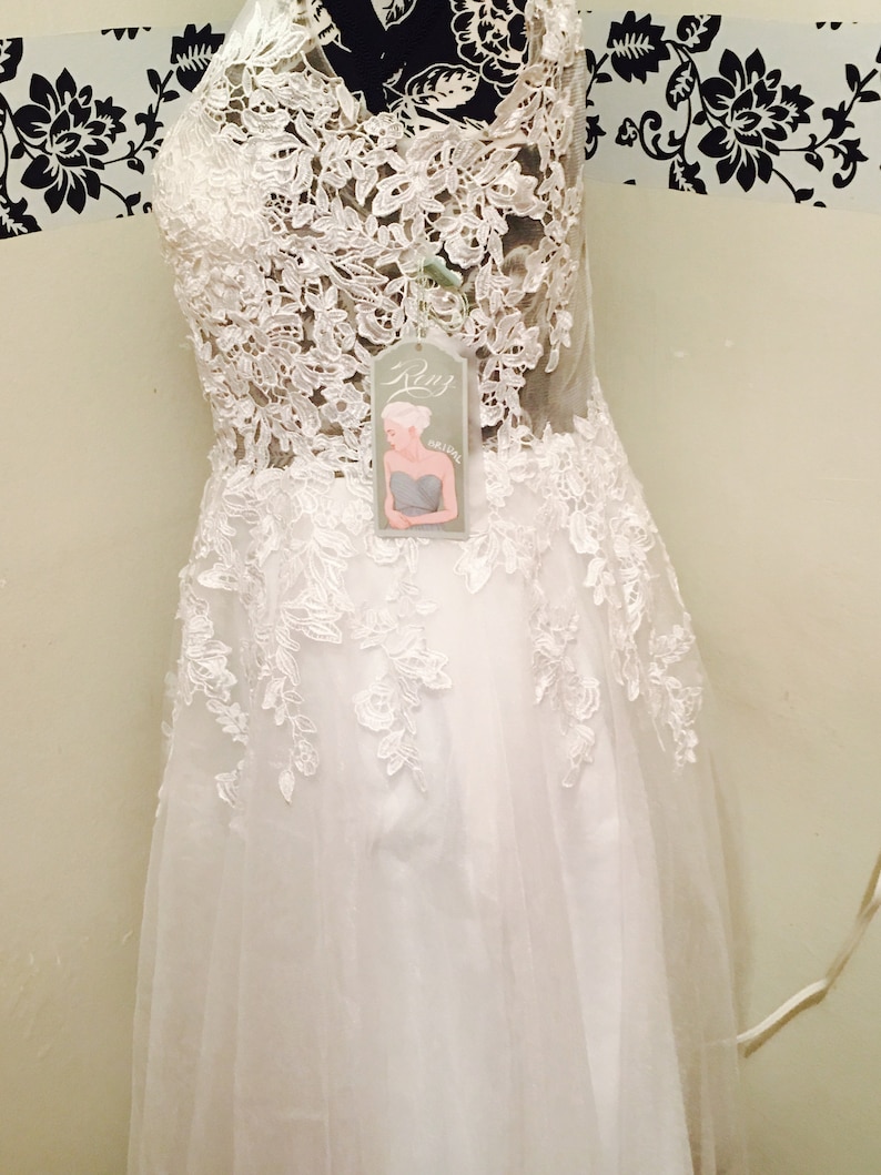 short knee length lace chiffon see through Renz bridal wedding dress with illusion neckline vintage
