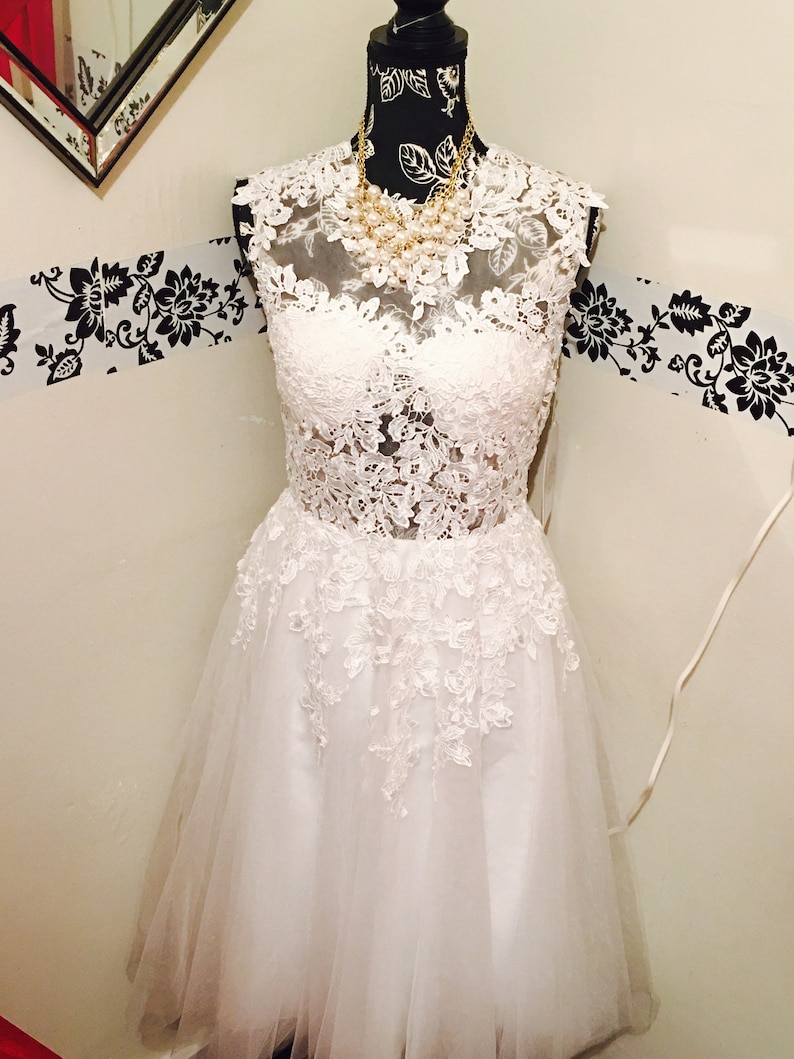 short knee length lace chiffon see through Renz bridal wedding dress with illusion neckline vintage