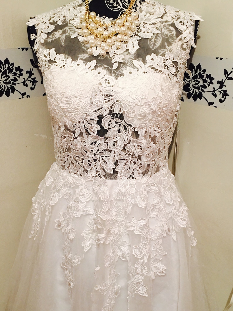 short knee length lace chiffon see through Renz bridal wedding dress with illusion neckline vintage