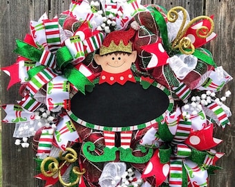Elf Christmas Wreath: Glittered Chalkboard Sign, Holiday Door Hanger