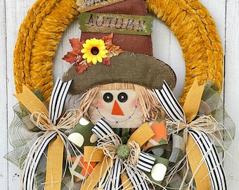 Scarecrow Wreath for Front Door, Fall Decor, Yarn Wreath, Porch Wreath, Fall Wreath, Thanksgiving, Fall Decorations