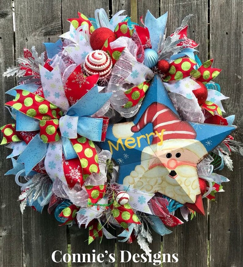 Santa Clause Santa Christmas Wreath Santa Star Wreath Whimsical Wreath Christmas Wreath Christmas Star Wreath Frosted Wreath