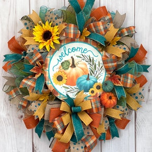Fall wreath, Welcome door decor, Thanksgiving decor for Front Door, Pumpkin, Fall Sunflower, Wall Hanging