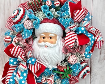 Christmas Santa Wreath: Turquoise Mesh, Handmade Yarn Ornaments