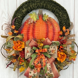Pumpkin Wreath for Front Door, Fall Decor, Yarn Wreath, Porch Wreath, Fall Wreath, Thanksgiving, Fall Decorations