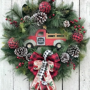 Red Truck Christmas Wreath, Christmas Door Decor, Holiday Decor, Red Truck Wreath, Greenery Wreath, Farmhouse Decor