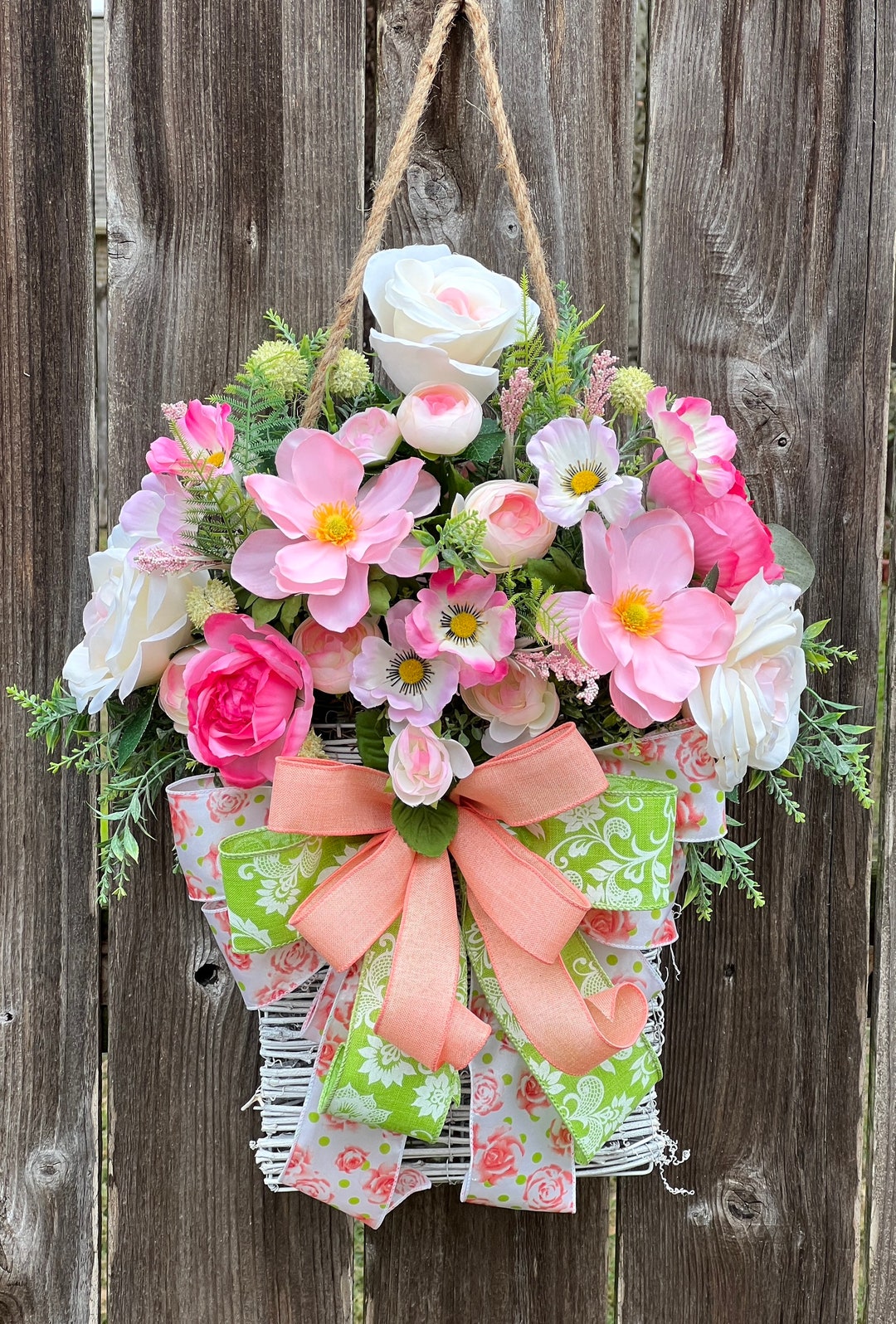 Front Door Basket Wreath, Spring Summer Flowers, Gardening Decor
