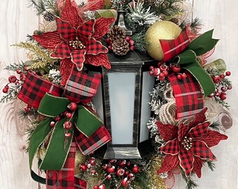Christmas Lantern Wreath: Poinsettia & Pinecone Holiday Door Decor