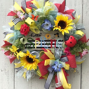 Spring Floral Wreath: Sunflower, Bee & Ladybug Porch Decor