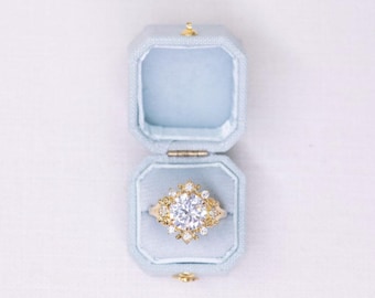 Soft Mist Blue Bevelled Linen Ring Box Gold Clasp, Antique Ring Box, Vintage Ring Box, Petite Ring Box, Engagement Ring, Clasp with Hinge