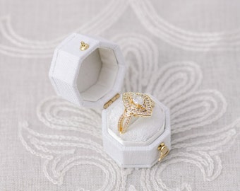 Dove White Linen Octagon Ring Box Gold Clasp, Antique Ring Box, Vintage Ring Box, Petite Ring Box, Engagement Ring, Clasp with Hinge