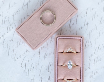 Parisian Pink Triple Slot Linen Rectangle Ring Box, Antique Ring Box, Vintage Ring Box, Petite Ring Box, Engagement Ring