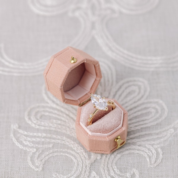 Dusty Pink/Peach Linen Hexagon Ring Box Gold Clasp, Antique Ring Box, Vintage Ring Box, Petite Ring Box, Engagement Ring, Clasp with Hinge