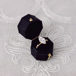 Onyx Black Linen Octagon Ring Box Gold Clasp, Antique Ring Box, Vintage Ring Box, Petite Ring Box, Engagement Ring, Clasp with Hinge
