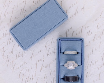 Periwinkle Triple Slot Linen Rectangle Ring Box, Antique Ring Box, Vintage Ring Box, Petite Ring Box, Engagement Ring