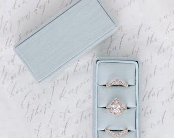 Soft Mist Light Blue Triple Slot Linen Rectangle Ring Box, Antique Ring Box, Vintage Ring Box, Petite Ring Box, Engagement Ring