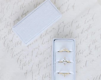 Dove White Triple Slot Linen Rectangle Ring Box, Antique Ring Box, Vintage Ring Box, Petite Ring Box, Engagement Ring