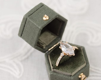 Olive Green Linen Hexagon Ring Box Gold Clasp, Antique Ring Box, Vintage Ring Box, Petite Ring Box, Engagement Ring, Clasp with Hinge
