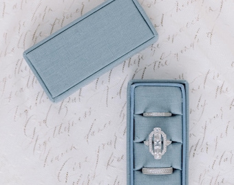 Dusty Blue Triple Slot Linen Rectangle Ring Box, Antique Ring Box, Vintage Ring Box, Petite Ring Box, Engagement Ring