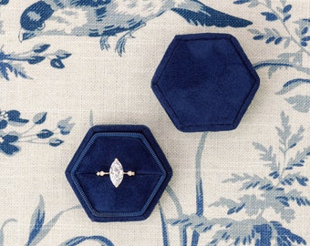 Navy Blue Hexagon Wedding Ring Box, Blue Suede Hexagon Ring Box, Suede Hexagon Engagement Ring Box, Dark Blue Small Proposal Ring Box