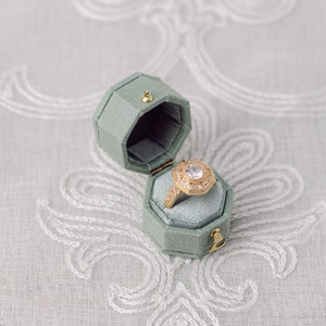 Eucalyptus Linen Octagon Ring Box Gold Clasp, Antique Ring Box, Vintage Ring Box, Petite Ring Box, Engagement Ring, Clasp with Hinge