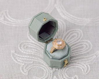 Eucalyptus Linen Octagon Ring Box Gold Clasp, Antique Ring Box, Vintage Ring Box, Petite Ring Box, Engagement Ring, Clasp with Hinge