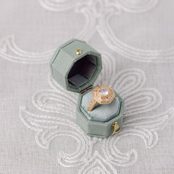 Eucalyptus Linen Hexagon Ring Box Gold Clasp, Antique Ring Box, Vintage Ring Box, Petite Ring Box, Engagement Ring, Clasp with Hinge