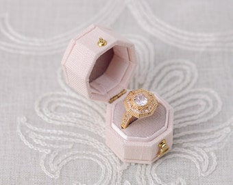 Light Pink Linen Octagon Ring Box Gold Clasp, Antique Ring Box, Vintage Ring Box, Petite Ring Box, Engagement Ring, Clasp with Hinge
