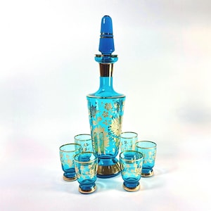 Vintage Medium Bohemia Blue Glass Decanter Set, 6 Gilded Glasses, Czech Barware, Mid Century Modern, Gold Trim, Retro Cocktail Gift, 1960s