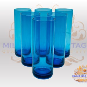 Mid-Century Set of 6 Tumbler Highball Glasses Turquoise Blue Harlekiini Style from Finland