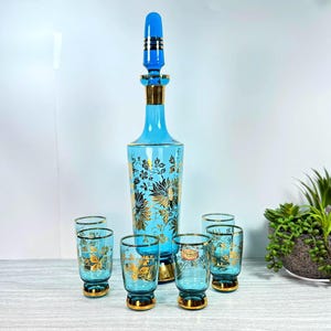 Vintage Large Bohemia Blue Glass Decanter Set, 6 Gilded Glasses, Czech Barware, Mid Century Modern, Gold Trim, Retro Cocktail Gift, 1960s
