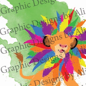 May include: A colorful illustration of a lion with a rainbow mane. The lion is facing forward and has a happy expression. The background is a green watercolor wash.