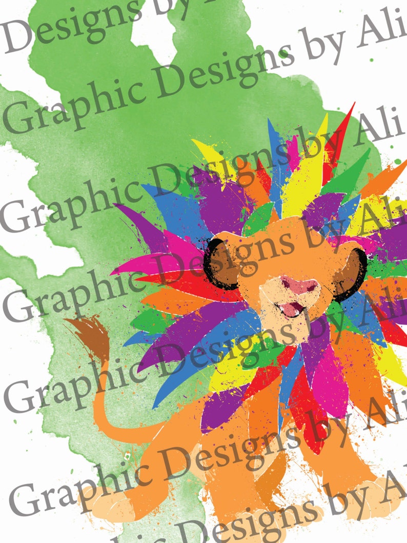 May include: A colorful illustration of a lion with a rainbow mane. The lion is facing forward and has a happy expression. The background is a green watercolor wash.