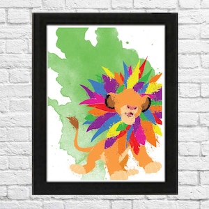 May include: A watercolor illustration of a cartoon lion cub with a colorful mane and a green watercolor background.