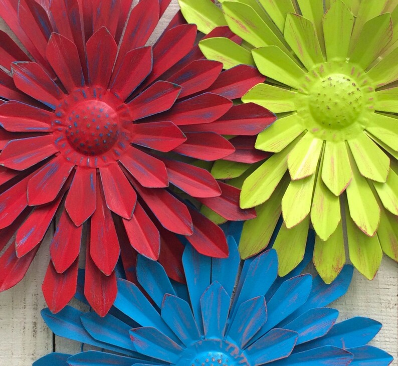 3 Large Metal Flowers / Lime Red Blue 12 Tin Flower Etsy