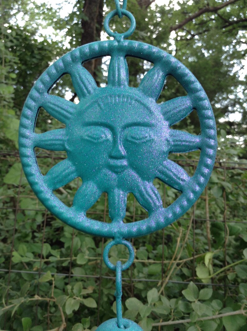 Turquoise Celestial Garden Ornament Metal Sun Face Wind Chime Metal Yard Art