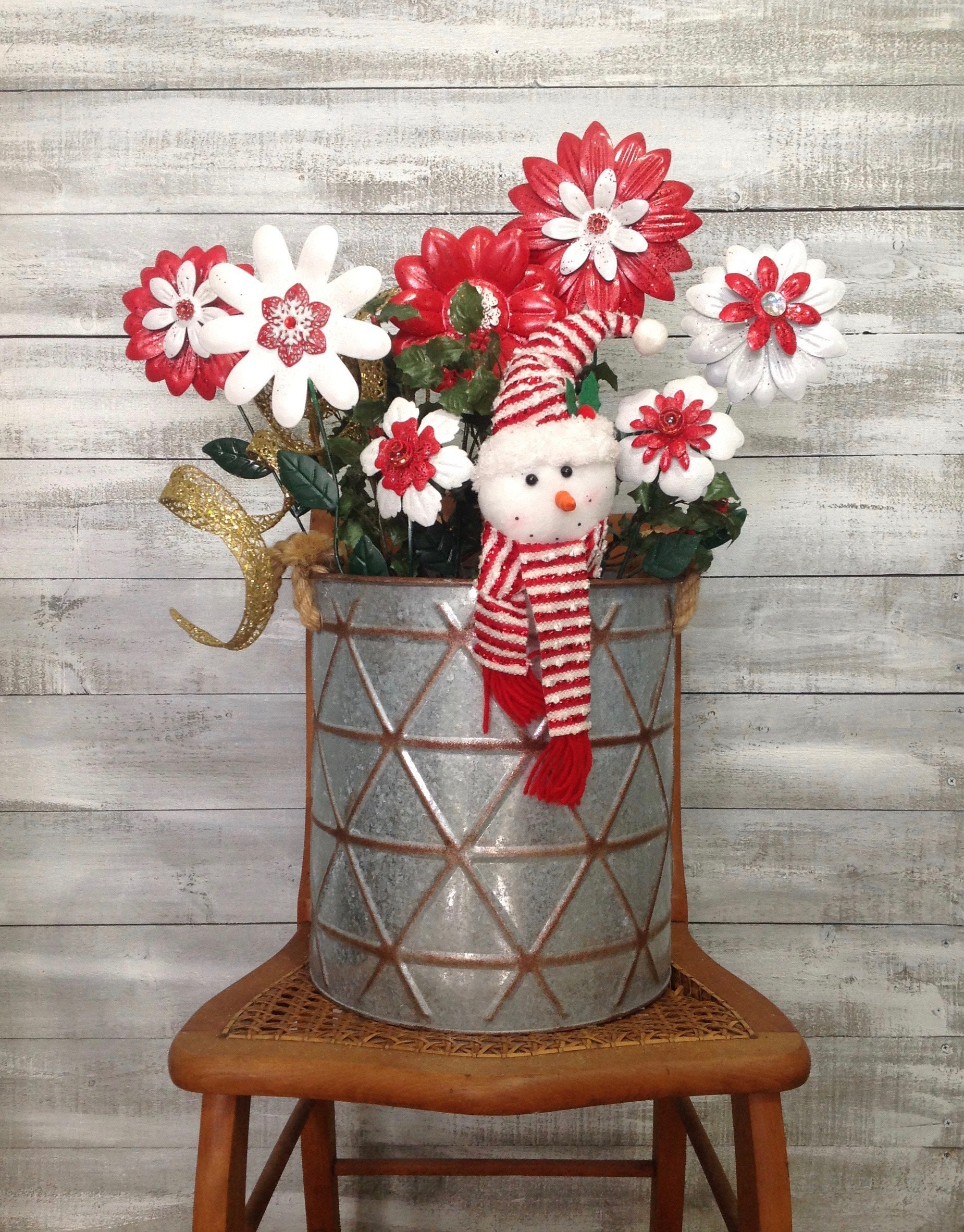 Christmas Flowers with Snowman & Greenery Flower Pot Stakes Etsy