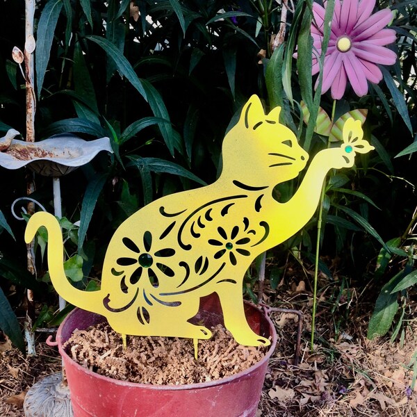 Silhouette Cat with a Butterfly Garden Stake - Yellow Metal Yard Art - Outdoor Garden Patio Flower Pot Decor - Free Shipping