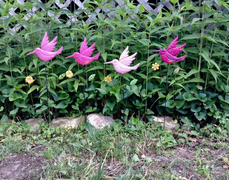 4 Hummingbird Garden Stakes Shades Of Pink Garden Decor Etsy