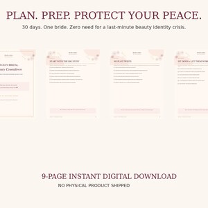 Könnte beinhalten: Ein 9-seitiger digitaler Bridal Beauty Countdown Planer zum Herunterladen mit hellrosa Hintergrund. Der Text lautet: PLAN. PREP. PROTECT YOUR PEACE. 30 days. One bride. Zero need for a last-minute beauty identity crisis. 9-SEITIGER DIGITALER DOWNLOAD.