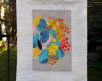 Modern wall hanging from Marimekko fabric, colorful contemporary fiber art quilt, Scandinavian abstract textile art, quilted wall decor