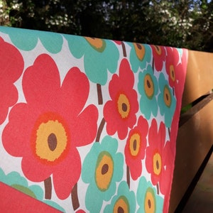 Unfinished coral scarf panel from Marimekko fabric mini Unikko, modern Scandinavian design, lightweight cotton neck poppy flower scarf