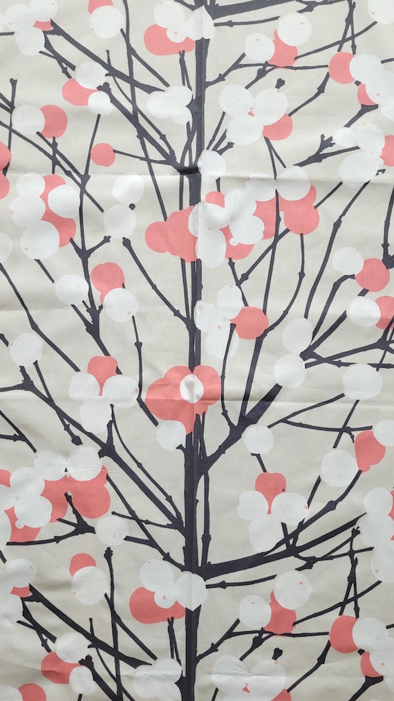 Marimekko fabric Lumimarja by half yard, Scandinavian large scale tree fabric in beige, coral and dark gray, new cotton designer fabric
