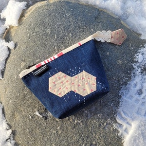 Patchwork zipper pouch from upcycled denim with hexagons, makeup cosmetic bag