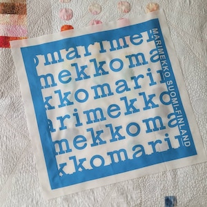 Unfinished white blue scarf panel from Marimekko fabric with letters, modern Scandinavian design, women lightweight cotton