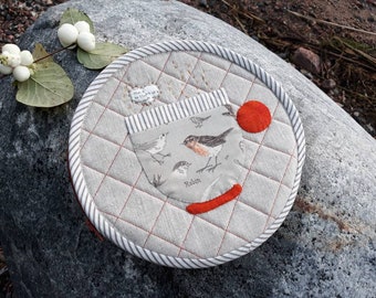 Round patchwork zipper pouch with a tea cup and bird, linen beige orange makeup cosmetic project bag, sewing gift