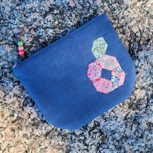 Patchwork zipper pouch with apple from Liberty fabric and linen, blue make up cosmetic bag, teacher gift, sewing project bag