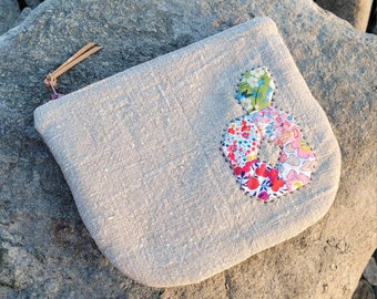 Saszetka na zamek błyskawiczny z motywem jabłka, wykonana z tkaniny Liberty i lnu, kosmetyczka, prezent dla nauczyciela, torba na projekty krawieckie